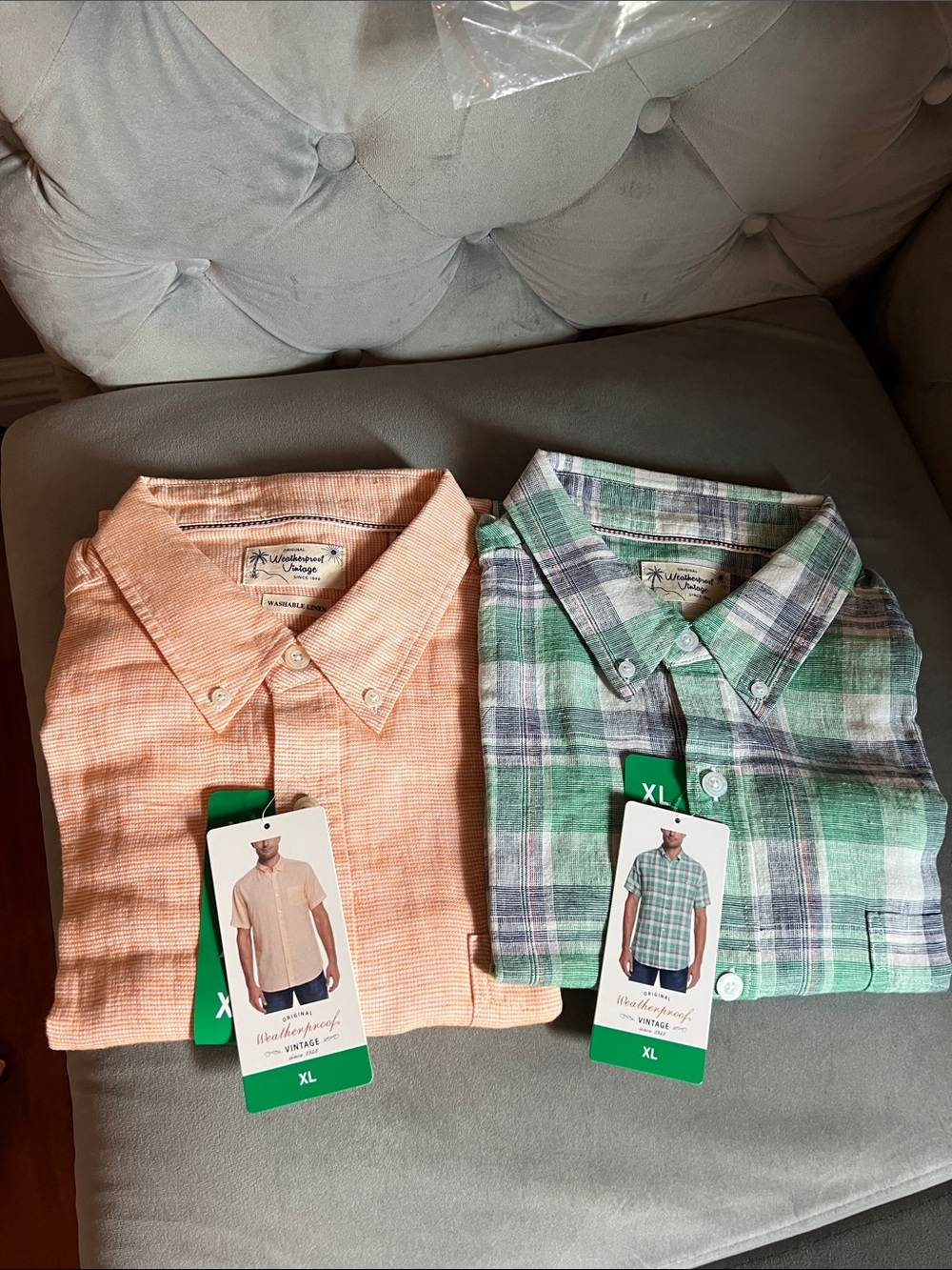 ✨Weatherproof Men's Button-Down Shirts - Peach and Green Plaid Duo✨( Bundle)